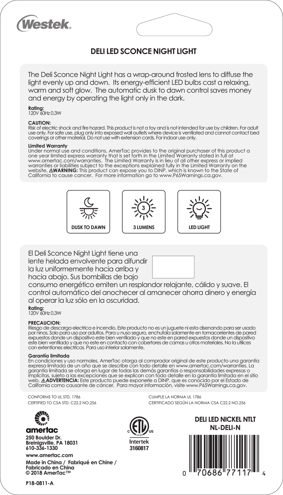 Deli LED Automatic Nickel Night Light - Wallplate Warehouse NL - DELI - N 070686771174 Night Lights