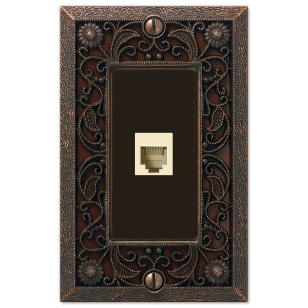 Filigree Aged Bronze Cast - 1 Phone Jack Wallplate - Wallplate Warehouse 65PHDB 070686581285 Phone Jacks
