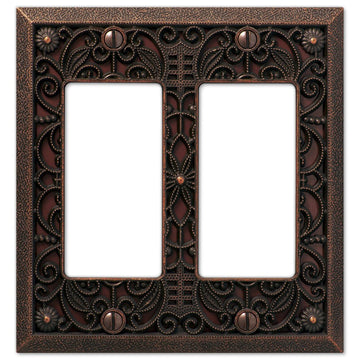 Filigree Aged Bronze Cast - 2 Rocker Wallplate - Wallplate Warehouse 65RRDB 070686574034 2 Rocker
