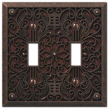 Filigree Aged Bronze Cast - 2 Toggle Wallplate - Wallplate Warehouse 65TTDB 070686574027 2 Toggle