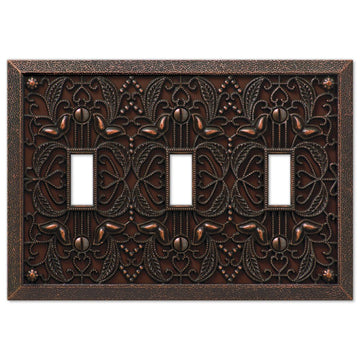 Filigree Aged Bronze Cast - 3 Toggle Wallplate - Wallplate Warehouse 65TTTDB 070686574041 3 Toggle