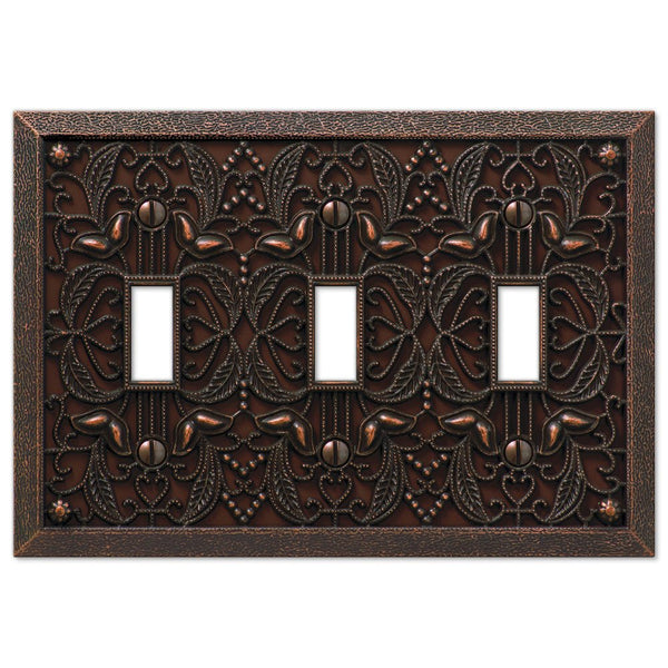 Filigree Aged Bronze Cast - 3 Toggle Wallplate - Wallplate Warehouse 65TTTDB 070686574041 3 Toggle