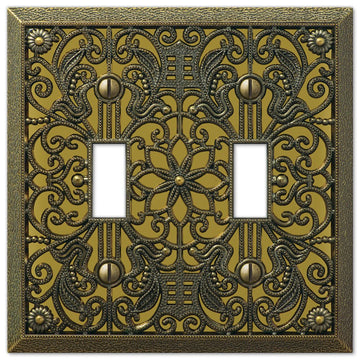 Filigree Antique Brass Cast - 2 Toggle Wallplate - Wallplate Warehouse 65TTAB 070686167601 2 Toggle