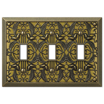 Filigree Antique Brass Cast - 3 Toggle Wallplate - Wallplate Warehouse 65TTTAB 070686167809 3 Toggle