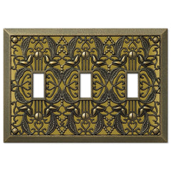 Filigree Antique Brass Cast - 3 Toggle Wallplate