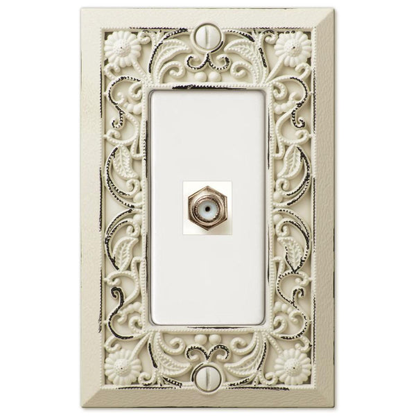 Filigree Antique White Cast - 1 Cable Jack Wallplate - Wallplate Warehouse 65CXAW 070686581247 Cable Jacks