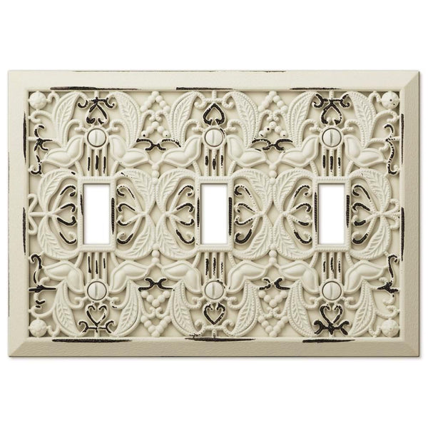 Filigree Antique White Cast - 3 Toggle Wallplate - Wallplate Warehouse 65TTTAW 070686559116 3 Toggle